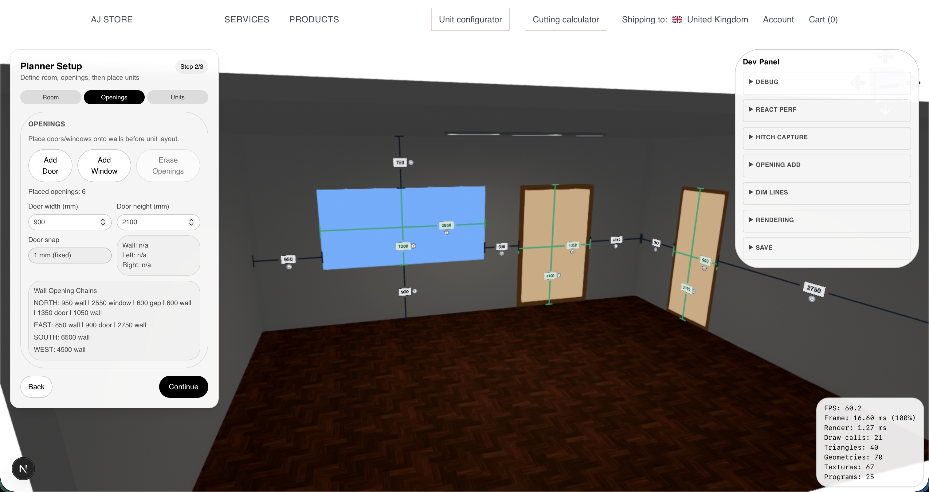 3D joinery planner opening setup screen