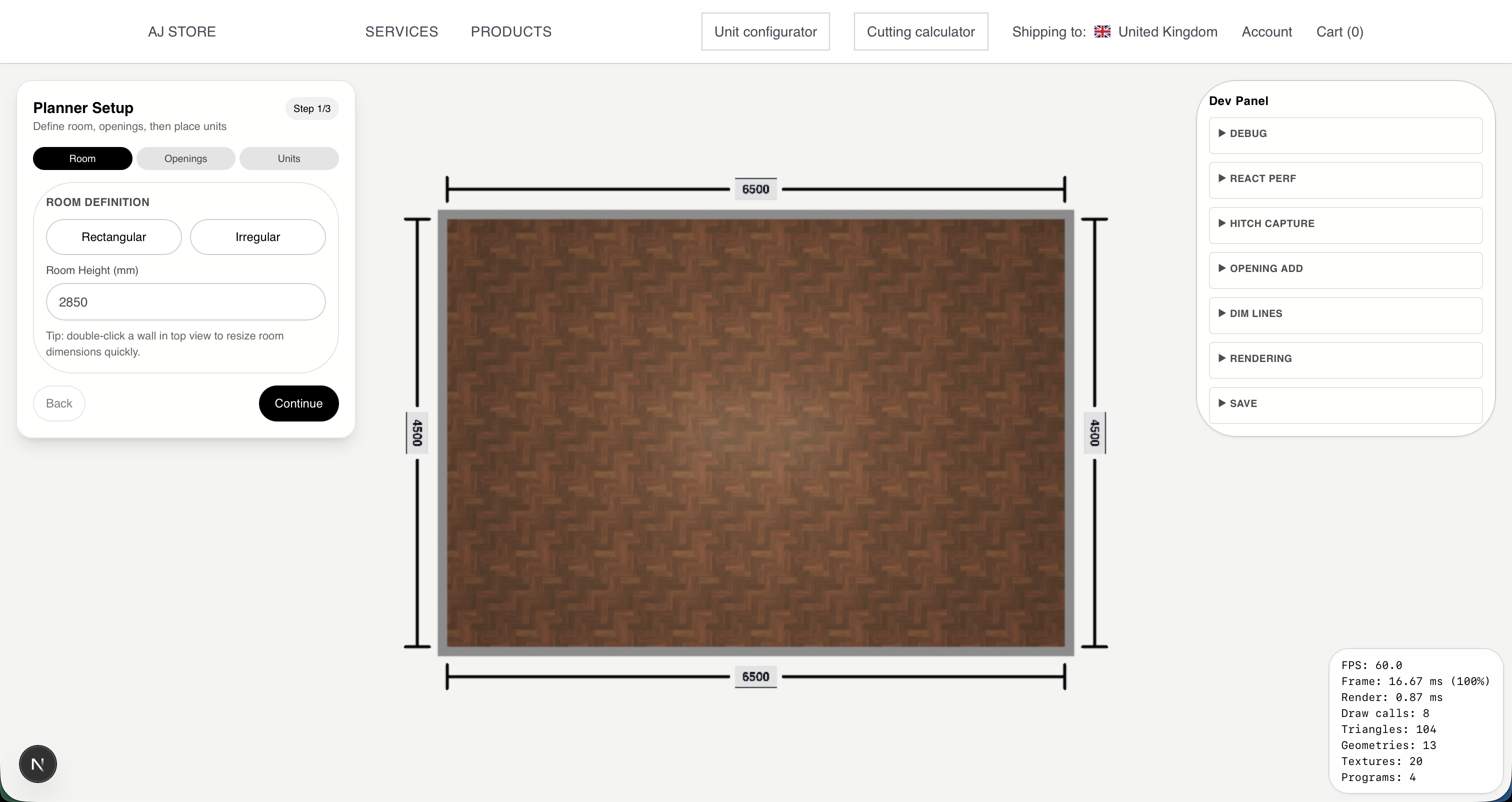 3D joinery planner room setup screen