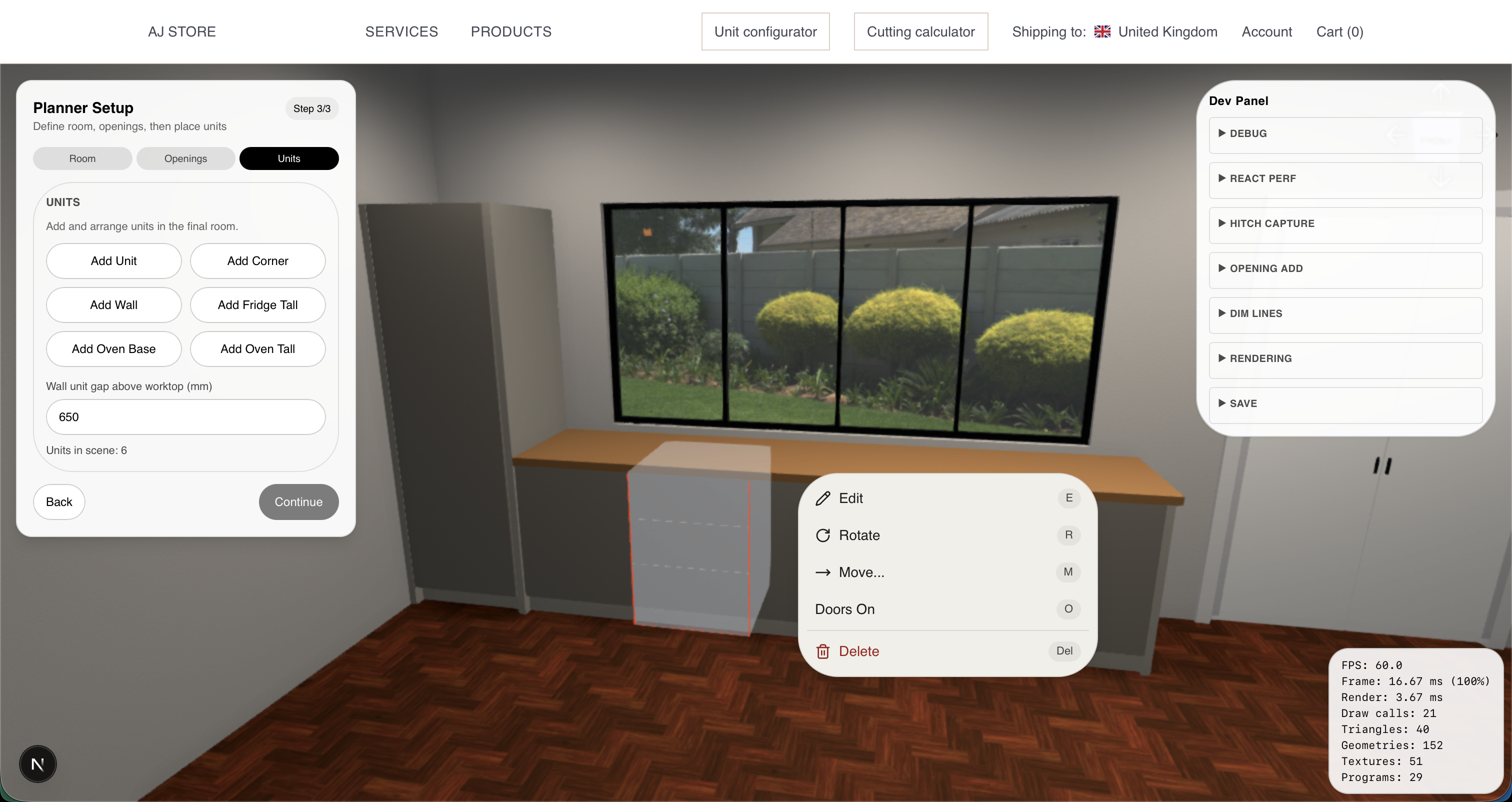 3D joinery planner unit setup menu